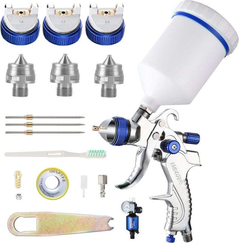 ENDOZER Professional HVLP Spray Gun Set Gravity Feed Air Spray Gun with 1.4,1.7,2.0mm Nozzles, 20 oz, 600cc with Gauge for Auto Paint, Primer, Clear/Top Coat & Touch-Up Blue - Image 1